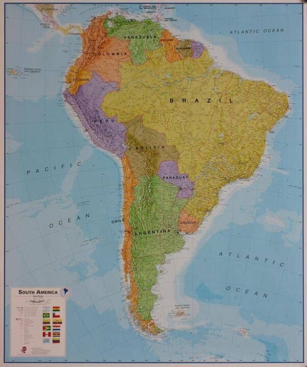 Laminated wall map with wooden support slats - Political South America - 120 x 100 cm | Maps International Cheap
