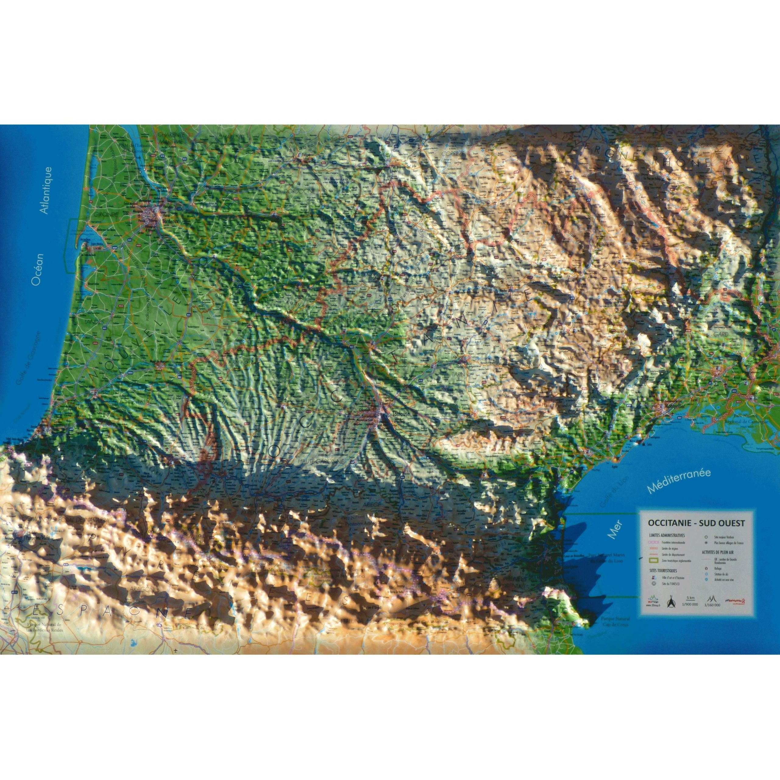 Relief wall map – Occitanie & South-West of France – 61 cm x 41 cm | 3D Map Cheap