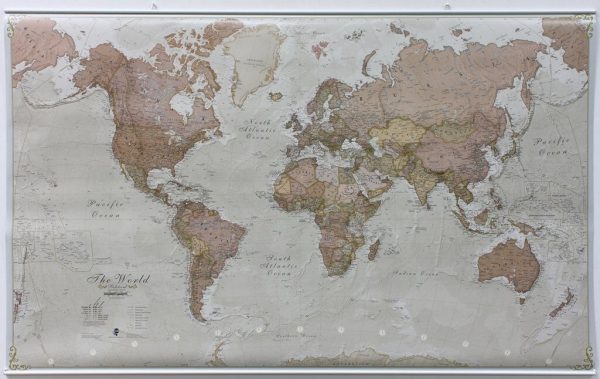 Laminated wall map (in English) - World, antique style, with metal support slats - 1 30M (136 x 84 cm) | Maps International Online